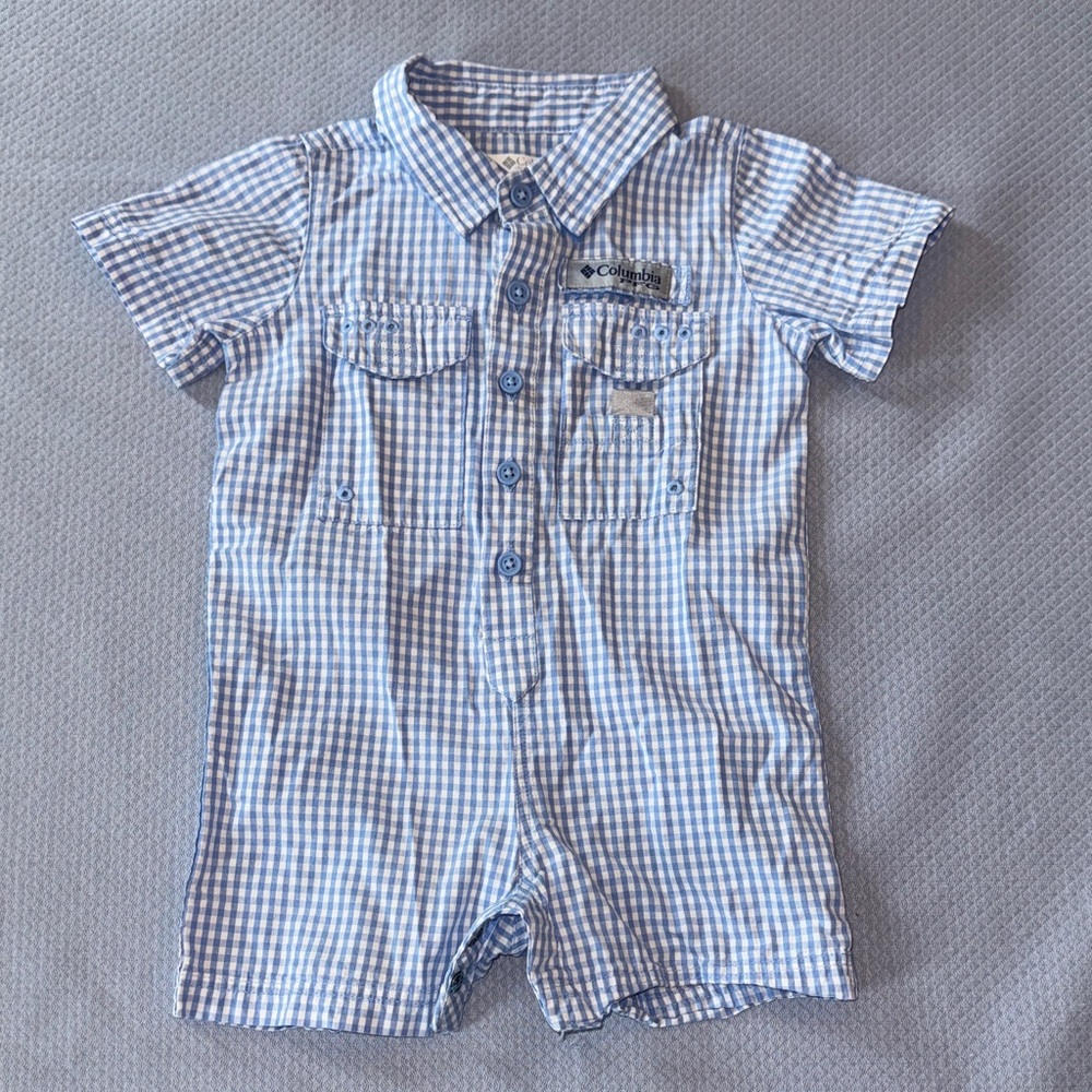Columbia Light Blue & White Gingham Baby Romper